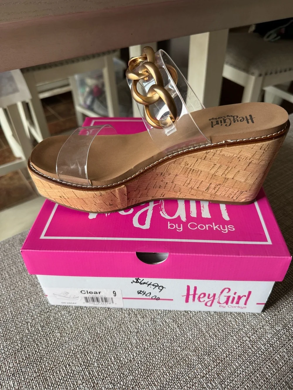 HeyGirl by Corky’s Clear Cork Wedge Sandals with Gold Chain Detail -NWT!